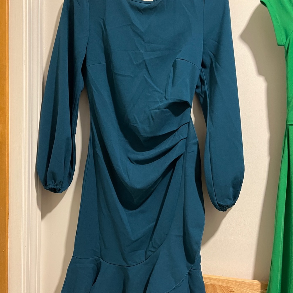 Teal Long-Sleeve Ruched Midi Dress